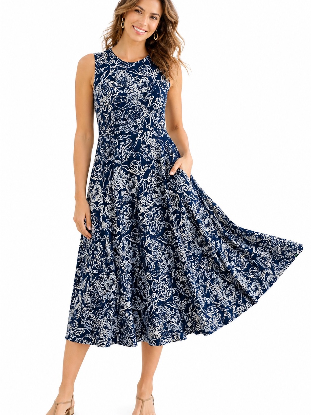 Peruvian Connection Tracery Dress XL Blue White Floral Pima Cotton